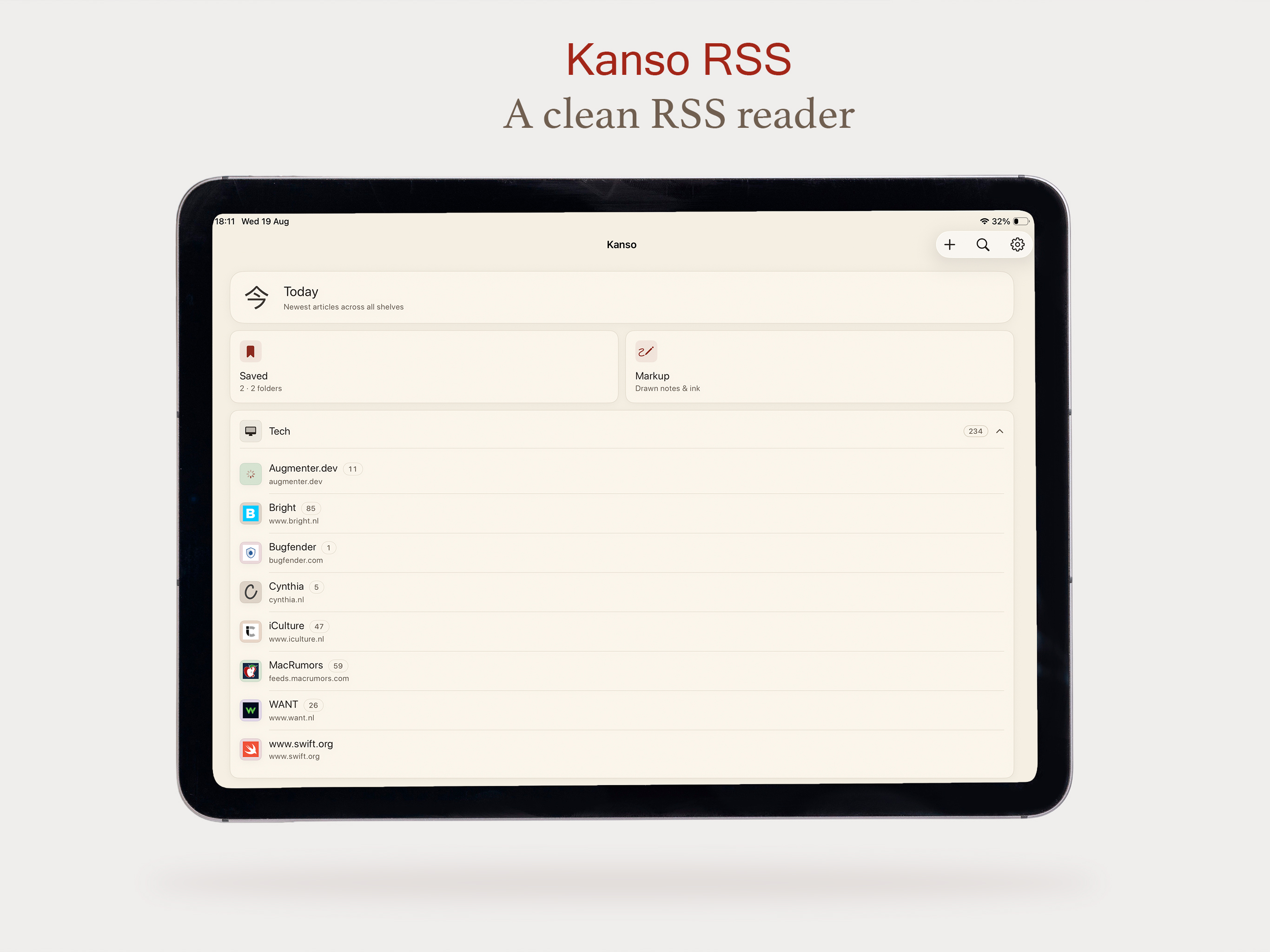 Kanso RSS on iPad — home shelves with Today, Saved, and Markup