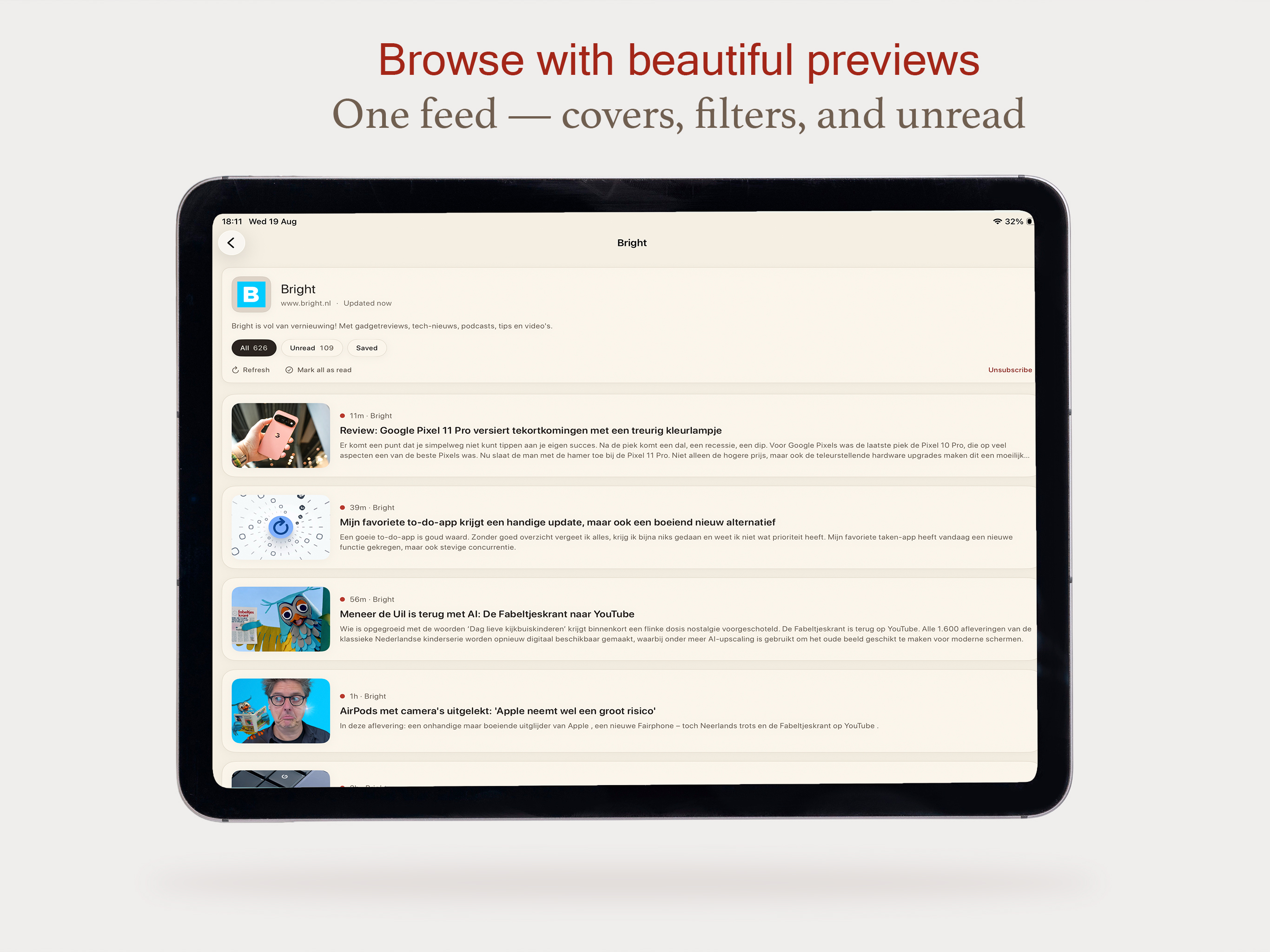 Kanso RSS on iPad — Bright feed with article previews and filters